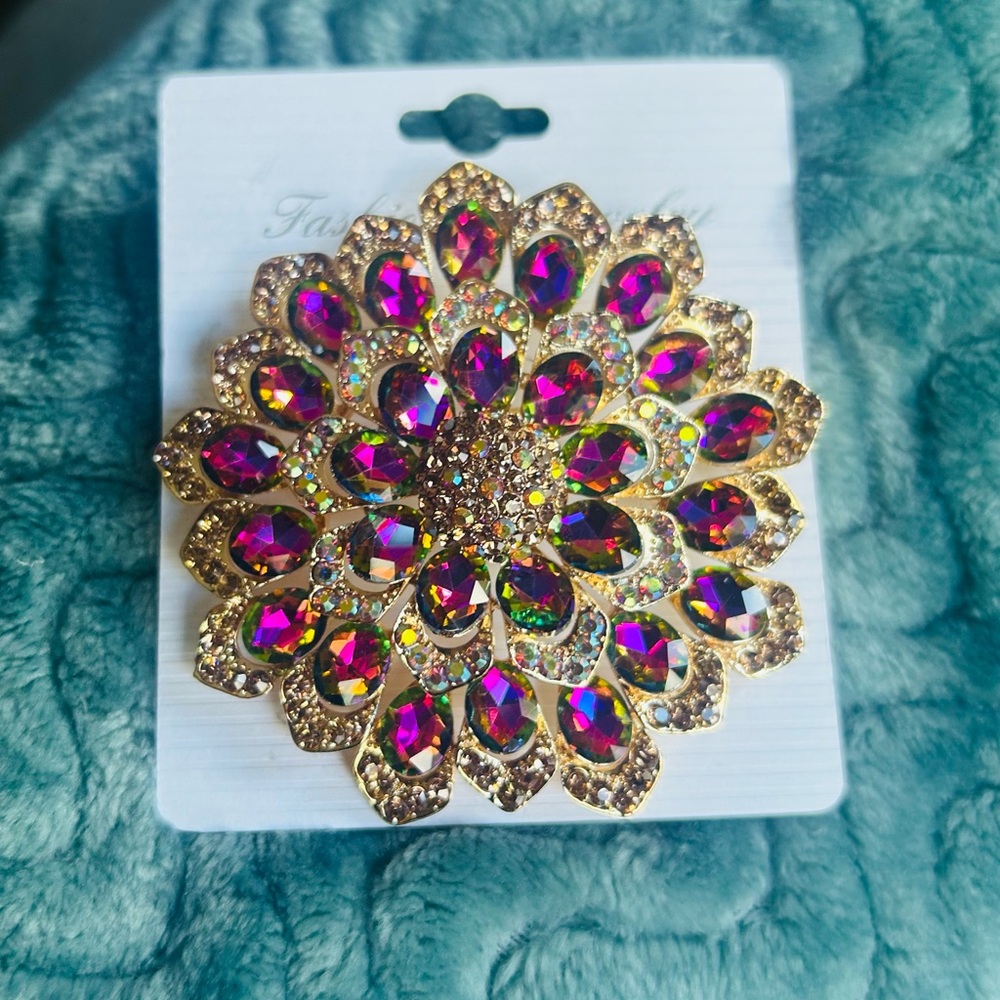 Glass Stone Embellished Flower Brooch
